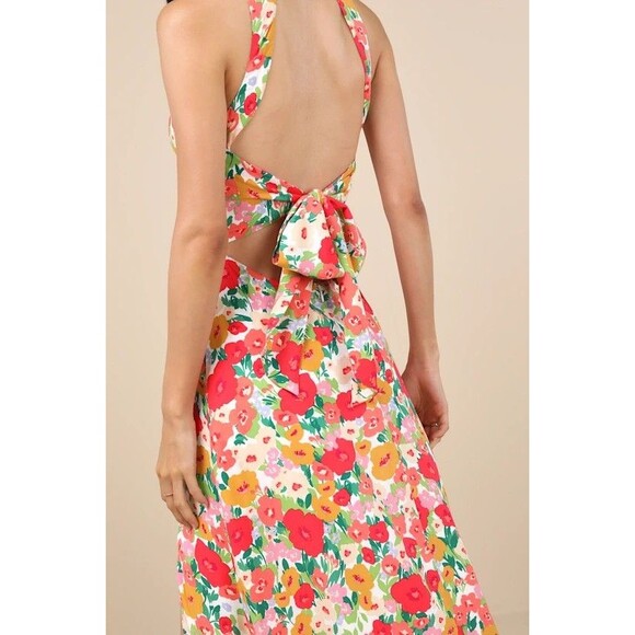NEW Lulu's Floral Print Tie-Back Midi Dress M Colorful Sleeveless Wedding NWT - Picture 2 of 10